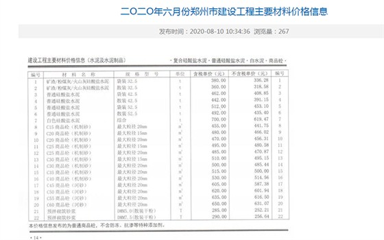 2020年6月份郑州混凝土信息价